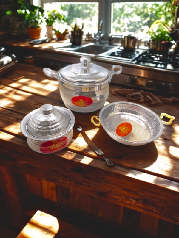 Şehzademutfak 3'lü Alüminyum El Işlemeli Mutfak Seti – Tava, Şekerdanlık, Güveç Tenceresi