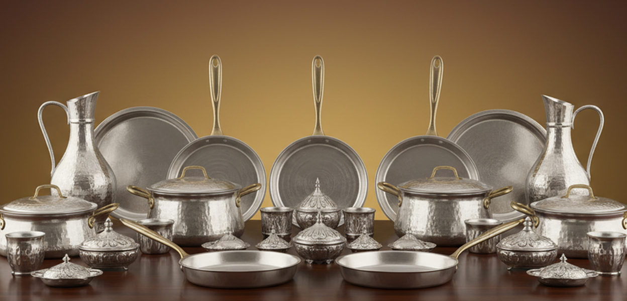 Premium homepage banner design for the brand "Şehzade Mutfak".
Elegant, luxurious Ottoman-inspired style.
Gold and dark burgundy color palette with a soft gradient background.

Handcrafted aluminum kitchenware displayed in the center:
pots, pans, pitchers, cups, sugar bowls and delight bowls,
arranged symmetrically and neatly.

High-quality metallic texture,
subtle reflections, realistic lighting,
no clutter, clean and elite composition.

ŞEHZADE MUTFAK logo placed gracefully at the top,
royal but modern br